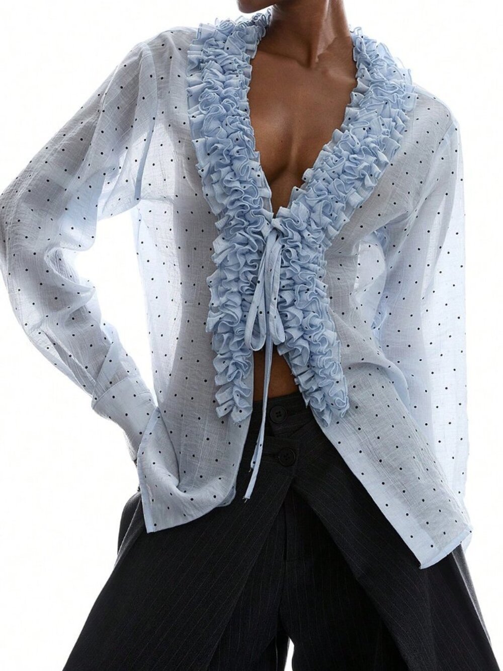 Blue Casual Women's Sexy Polka Dot Print Ruffle Hem Blouse - Picture 5 of 9